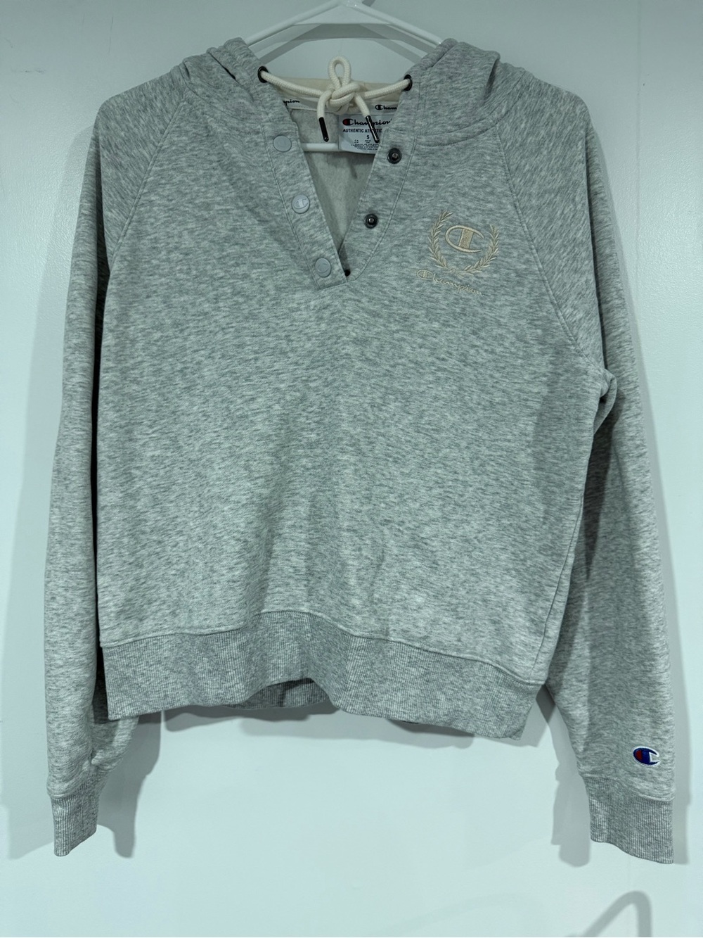 Champion Light Gray Snap V-Neck Hooded Sweatshirt
